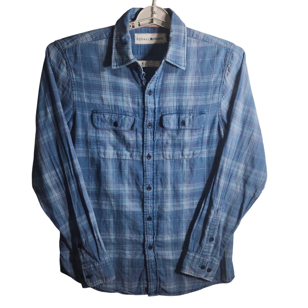The Normal Brand Plaid Button Up Shirt Blue Red Chambray Long Sleeve Mens Size S